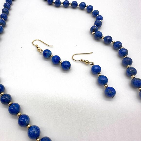Lapis Lazuli Beaded Necklace Earring Set w 14K Gold Spacer Beads and Clasp ~58g - Picture 9 of 12